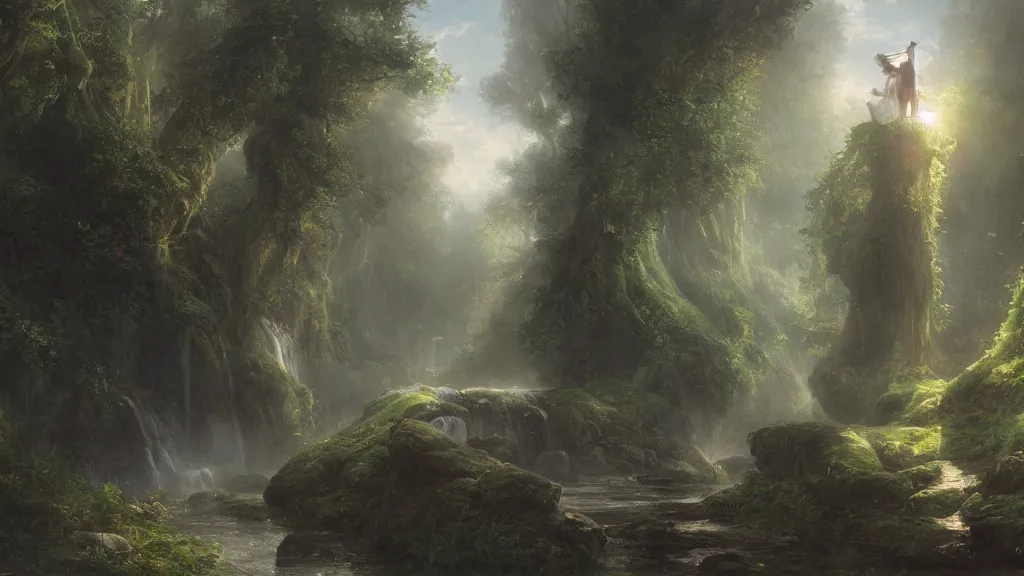 Image similar to [ searching for tom bombadil ] andreas achenbach, artgerm, mikko lagerstedt, zack snyder, tokujin yoshioka