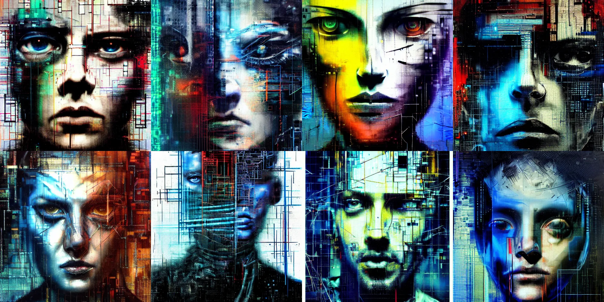 Prompt: hyperrealistic portrait of a cyberpunk character, by Guy Denning, Johannes Itten, Russ Mills, glitch art, glitch eyes, hacking effects, glitch effects, digital tech effects, cybernetics, detailed lines, chromatic, color blocking, oil on canvas, highly detailed, close up, front view, symmetrical, octane, concept art, abstract, blue and black, 8k, cinematic, trending on artstation