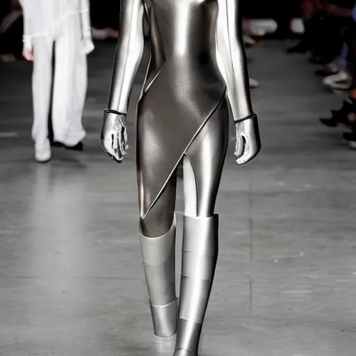 Prompt: a futuristic outfit designed by rick owens