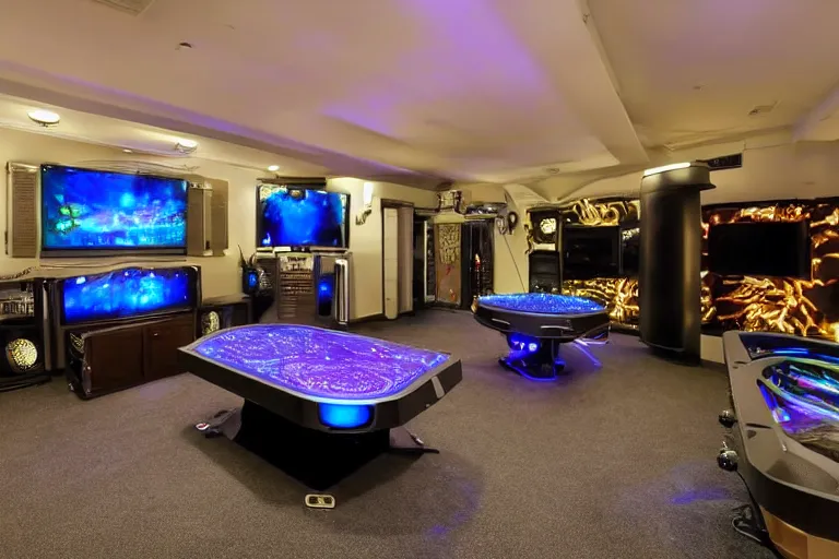 a photo of a large, luxury gaming room with all the, Stable Diffusion