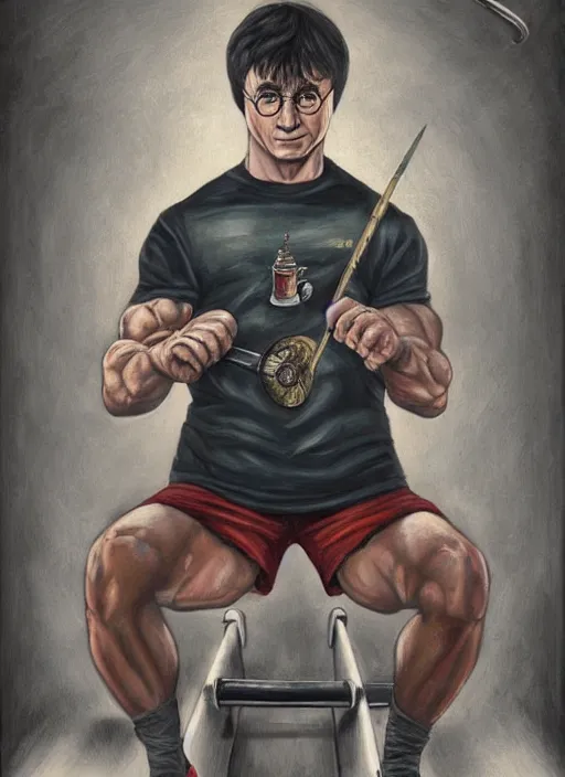 Prompt: a painting of Harry Potter doing barbell back squats, dingy gym, wearing a muscle tee shirt, an ultrafine detailed painting by Mark Ryden, trending on deviantart, pop surrealism, whimsical, lowbrow, grotesque