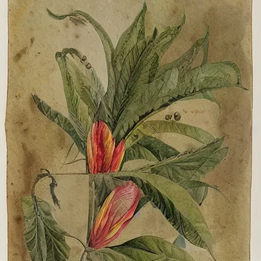 Image similar to an unknown ethnographic object, anthropology, botanical illustration, 1 8 th century, water color, ink, paper