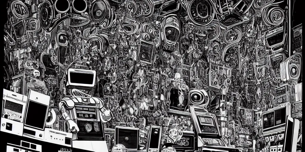 Image similar to intricate detailed artwork of 2 Daft Punk robot rock using a Macbook at an underground warehouse rave in Ibiza, playing techno house music, thousands of beautiful girls in bikini dancing, in the style of Moebius, wires, speakers, black and white ink, some ink drips, sharp details