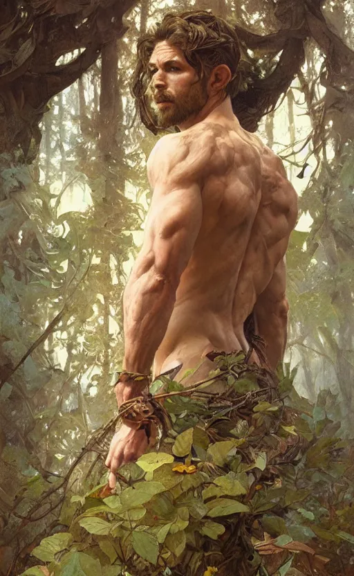 Image similar to god of the forest, rugged, handsome, male, detailed face, clean lines, atmospheric lighting, amazing, full body, thighs, flowers, muscular, intricate, highly detailed, digital painting, deviantart, concept art, sharp focus, illustration, art by greg rutkowski and alphonse mucha