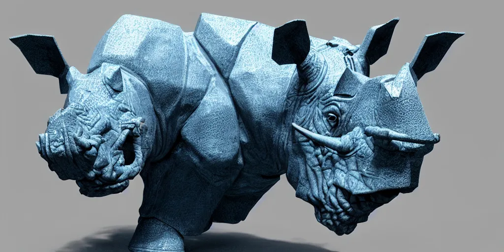 Image similar to hyperrealistic bust portrait of an anthropomorphic blue Rhinoceros wearing plate paladin armor, forward angle, stunning 3d render inspired art by P. Craig Russell and Barry Windsor-Smith + perfect facial symmetry + dim volumetric lighting, 8k octane beautifully detailed render, post-processing, extremely hyperdetailed, intricate complexity, epic composition, grim yet sparkling atmosphere, cinematic lighting + masterpiece, trending on artstation