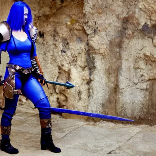 Image similar to photo of a female rogue warrior with lapis lazuli armour and weapons