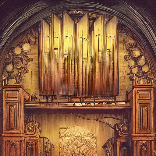 Image similar to tech noir pipe organ lp album art, intricate detail, mechanical, baroque oil painting by alan lee and jim burns, wild west architecture