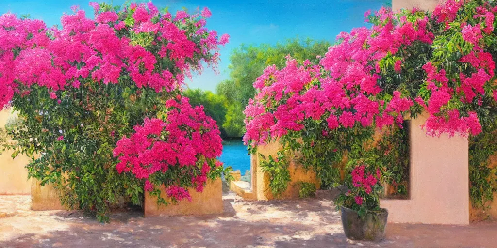 Image similar to beautiful hyper realistic oil painting of a provencal landscape with bougainvillea and near the sea