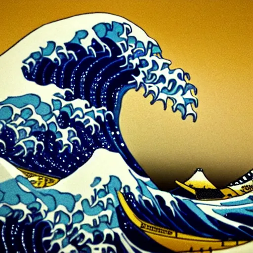 Prompt: the great wave off kanagawa as a lego set, soft lighting