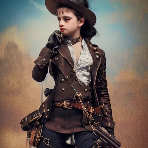 Image similar to Young girl in steampunk clothes, she wears boots and holds a gun, full body shot, sharp focus, photography, very detailed, dark hair, octane render, by greg rutkowski, by nikon, by Iphone, 4k
