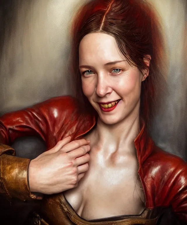 Image similar to hyperrealistic mixed media painting of a beautiful grinning charasmatic female rogue, dimly lit cozy tavern, crimson leather tunic, confident relaxed pose, d&d, stunning 3d render inspired art by Tim Okamura and Lise Deharme + perfect facial symmetry + dim volumetric lighting, 8k octane beautifully detailed render, post-processing, extremely hyperdetailed, intricate, epic composition, grim yet sparkling atmosphere, cinematic lighting + masterpiece, trending on artstation, very very detailed, masterpiece, stunning