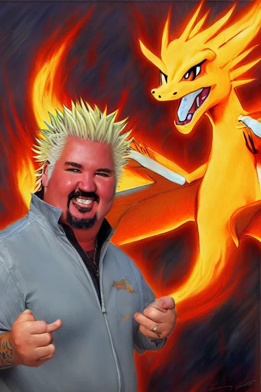 Image similar to guy fieri with a charizard painting by gaston bussiere, craig mullins