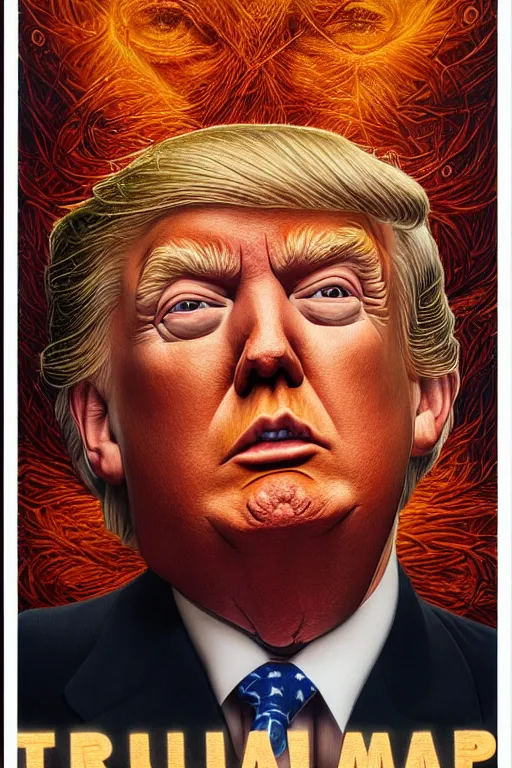 Image similar to highly detailed portrait of donald trump by alex grey, patrick woodroffe, mark ryden created by gustave dore and greg rutkowski, high detailed, smooth draw, synthwave neon retro, intricate, realistic proportions, dramatic lighting, trending on artstation