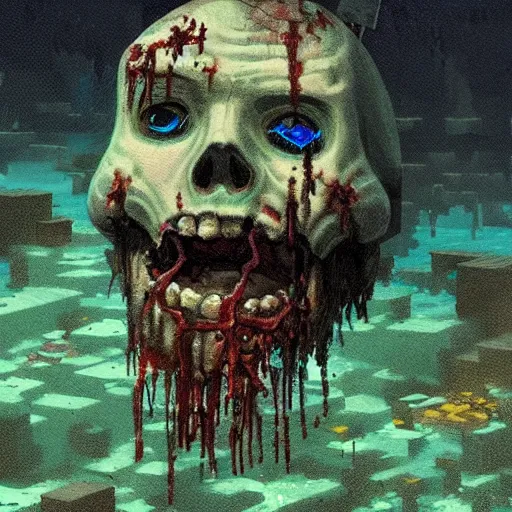 Image similar to painting by greg rutkowski of a minecraft drowned zombie with glowing cyan eyes, wearing ragged clothing and and algae growing on it, holding a trident, underwater