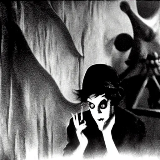 Prompt: cabinet of doctor caligari still shot from film by guy maddin and gustav dore