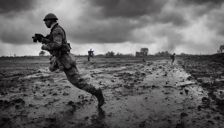Image similar to screaming World War 1 soldier running away, wartorn landscape, lots of mud puddles and craters, bullets whizzing past camera, atmospheric, dirty lens, cinematic lighting, IMAX close-up of face, cinematography, 35mm