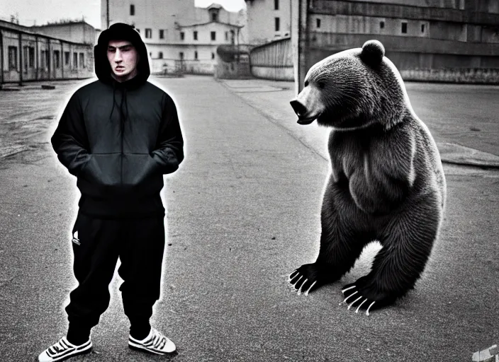 Image similar to 2 0 years old gopnik in adidas costume drinks vodka with a bear, soviet yard, symmetrical, cinematic, real photography