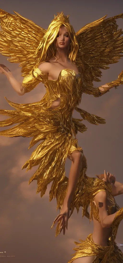 Image similar to beautiful angel, golden white wings, fantasy style, octane render, 8k, highly detailed, trending on artstation, magical background