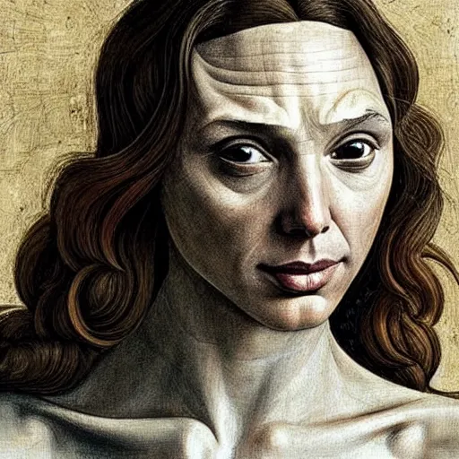 Image similar to gal gadot as gollum, elegant portrait by sandro botticelli, detailed, symmetrical, intricate