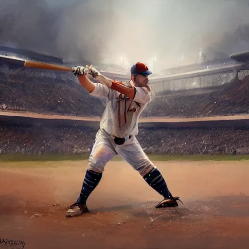 Image similar to baseball player hitting the ball with the baseball bat in the middle of the game and in front of everyone in the stadium, james gurney painting style, greg rutkowski, artstation