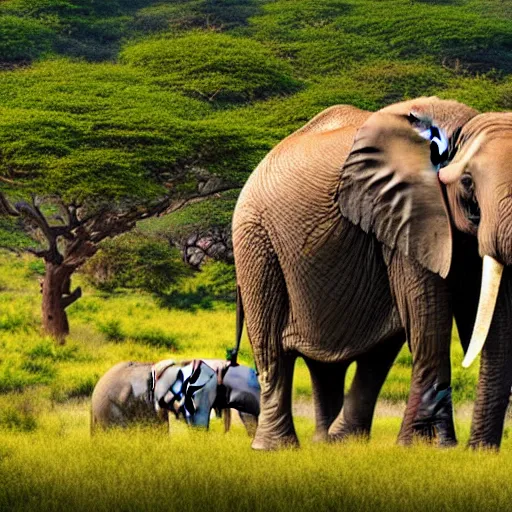 Prompt: a highly detailed panoramic photo of the serengeti. in the far background we see a small boy next to an elephant with an extremely long trunk. 8 k, super resolution