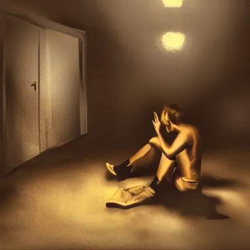 Image similar to a digital painting of people sitting in a room looking at the camera in a dark, trashed and depressing room. dramatic lighting coming from the open door behind the camera.