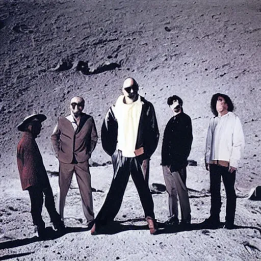 Prompt: the band r. e. m. play a concert on the moon