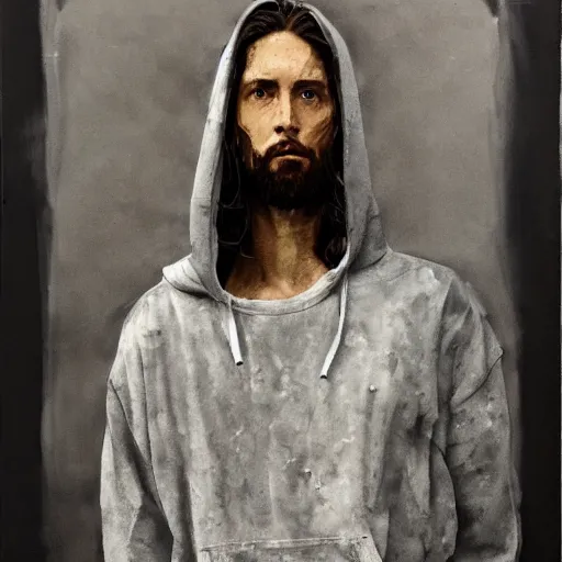 Image similar to a full body portrait of modern day jesus wearing hypebeast streetwear hoodie and pants by nicola samori, oil painting, realistic, 8 k, fear of god style