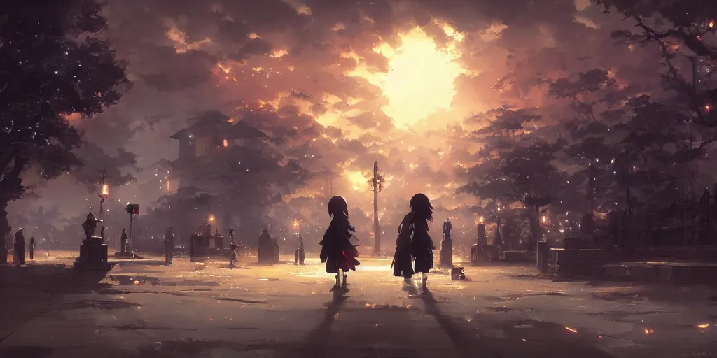 Image similar to anime kyoto animation key by greg rutkowski night