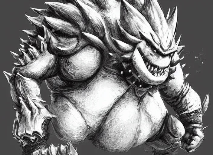 Image similar to detailed concept art of a huge giant bowser by cheng yi and luolin, aartstation, artstationhd, detailed scales, spiky collar and red hair, bowser, bowser nintendo, koopa, ~ bowser # bowser ( ( mario ) ) bcy. net, realistic. cheng yi