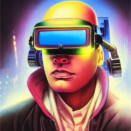 Prompt: vibrant portrait of masked cyberpunk hero with Oculus VR headset with an oxygen tank on the art deco streets of the big city, award-winning realistic sci-fi concept art by Jim Burns and Greg Rutkowski, Digital art, detailed, anime, vibrant colors, artist Katsuhiro Otomo, Picasso, Beksinski, masterpiece, complimentary colors, James Gilleard, Bruegel, artstation