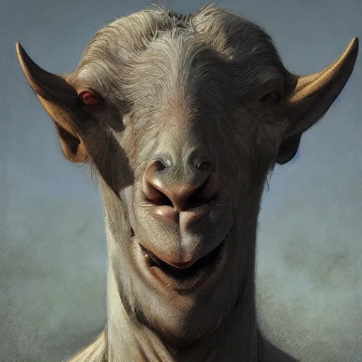 Image similar to vladimir putin, anthropomorphic bald prehistoric goat, vladimir putin hybrid, vladimir putin is mutant, toothless, horror, macabre by donato giancola and greg rutkowski and wayne barlow and zdzisław beksinski, realistic face, digital art