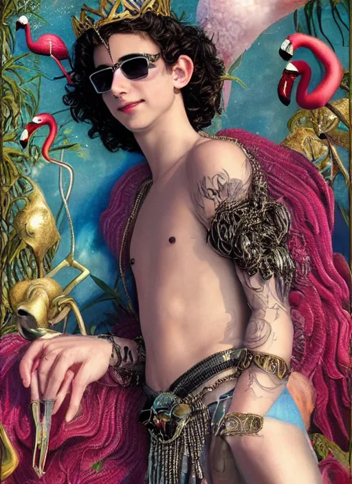 Prompt: young Atlantean king Timothée Chalamet grinning and wearing cholo sunglasses and a heavy bejeweled gold crown reclining poolside with a beautiful flamingo, steelpunk, ghibli studio, nekro, Tom Bagshaw, Craig Mullins, octane 8k, by brian froud, Trending on ArtStation