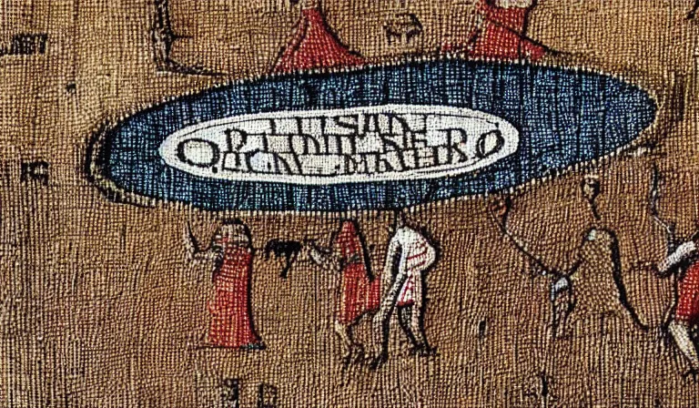 Prompt: Flying saucer on the bayeux tapestry, medieval style