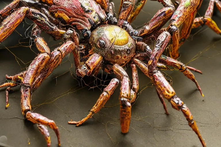 Image similar to photo taken of an epic intricate, ultra detailed, super realistic gritty, hero prop, exquisitely painted animatronic movie prop of a wet slimy grotesque nightmarish hellish mutant arachnoid creature displayed in the workshop, created by weta workshop, full body shot, photorealistic, sharp focus