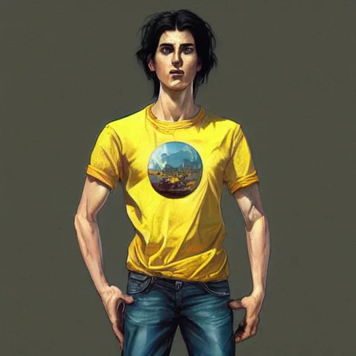 Image similar to ultra realistic illustration, a young man with black hair, in a yellow t - shirt, with blue eyes, highly detailed, digital painting, artstation, concept art, smooth, sharp focus, illustration, art by artgerm and greg rutkowski and alphonse mucha