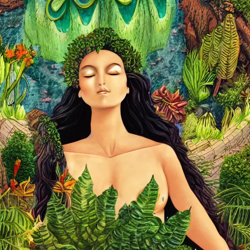 Prompt: earth goddess surveys her domain, plants erupting from the ground, high detail