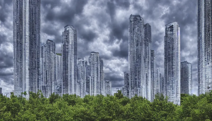 Prompt: emergent forest from a complex city, towers, high, clouds