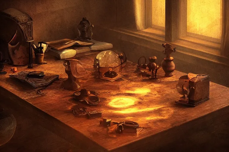 Image similar to office desk with a spilled glowing orange potion, 1 2 th century fantasy photograph, featured on pixiv, magical potion