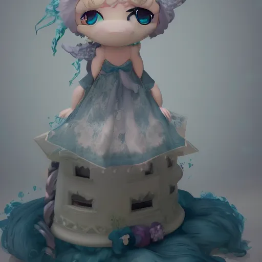 Image similar to cute fumo plush of a princess girl in a tower on a tiny island which she lays sole claim to, selfish empress of the abyss, tempestuous waters, wisps of volumetric smoke and fog, gothic maiden in tattered white dress, vignette, vray