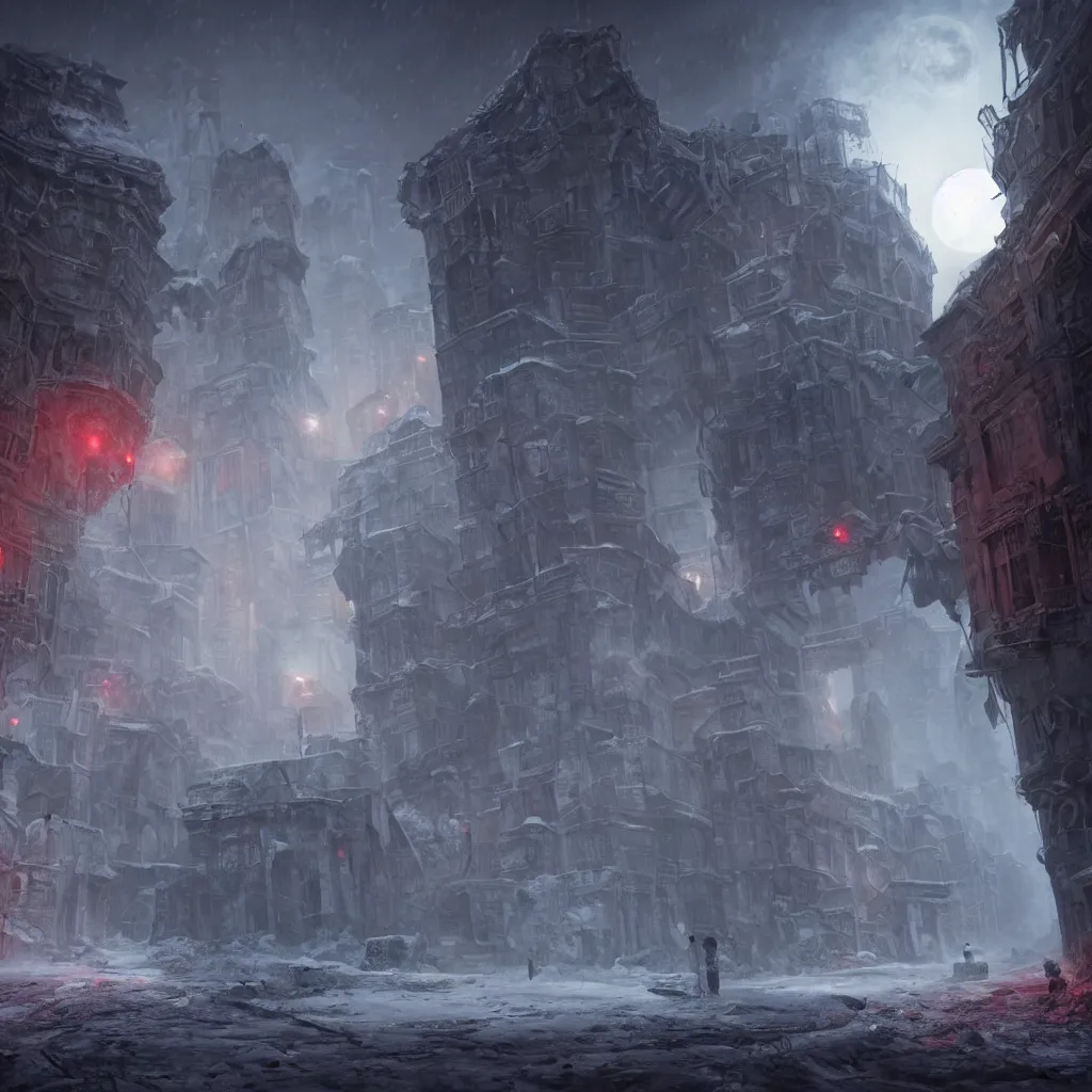 Image similar to a ruined city in the style of aetherpunk, a snowy street, huge red moon, global illumination, smoke, detailed and intricate environment, mysterious