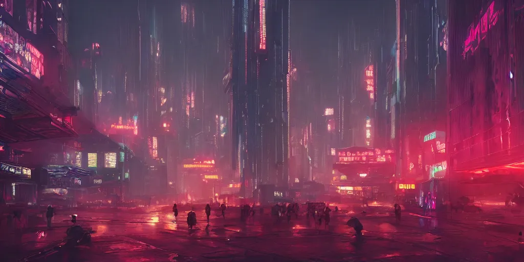 Prompt: matte painting environment design of dystopian cyberpunk city with neon lights, people on the streets being monitored by drones, trending on artstation, painted by dreadjim, eddie mendoza, james paick, zeen chin, 4k, octane render