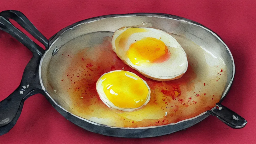 Prompt: delicious egg on a frying pan, kseniia yeromenko, rob duenas, watercolor, illustration, red background, highly detailed