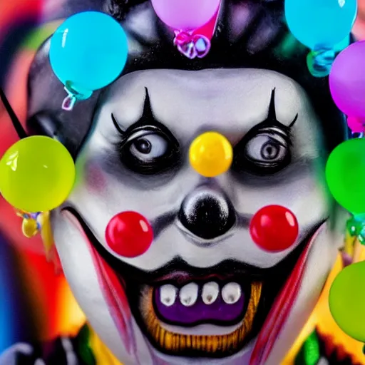 Prompt: creepy clown with colourful marbles and balloons, realistic, 8k, high quality, sharp