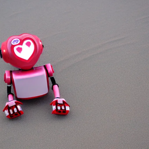 Image similar to a very cute happy robot with lots of hearts floating in the air on the beach in a sunny seaport