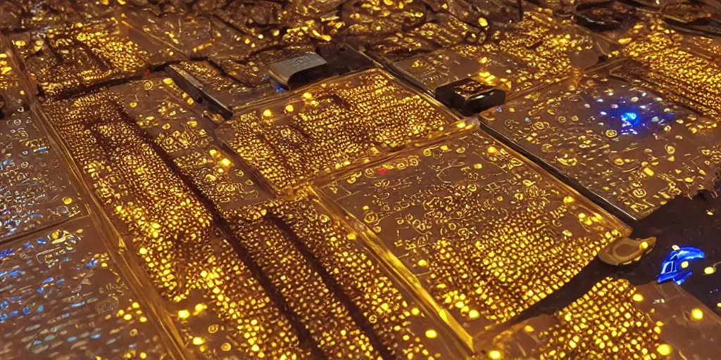 Image similar to 9-track machines made of digital grids and glowing stones with embedded LEDs. amber glowing screens.