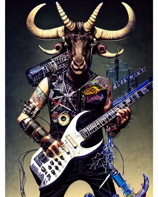 Image similar to a portrait of an anthropomorphic cyberpunk horned goat shredding an electric guitar by sandra chevrier, by jon foster, detailed render, epic composition, cybernetics, 4 k realistic, cryengine, realistic shaded lighting, sharp focus, masterpiece, by enki bilal