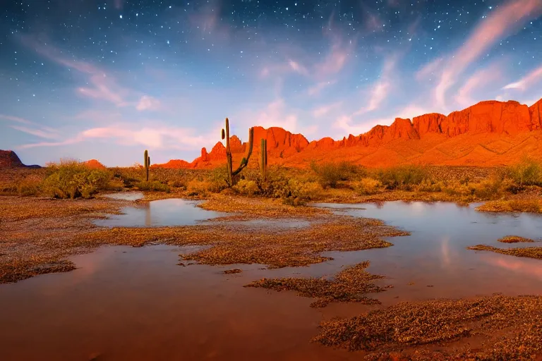 Prompt: beautiful landscape photography of an Arizona desert, lake, midnight, stars