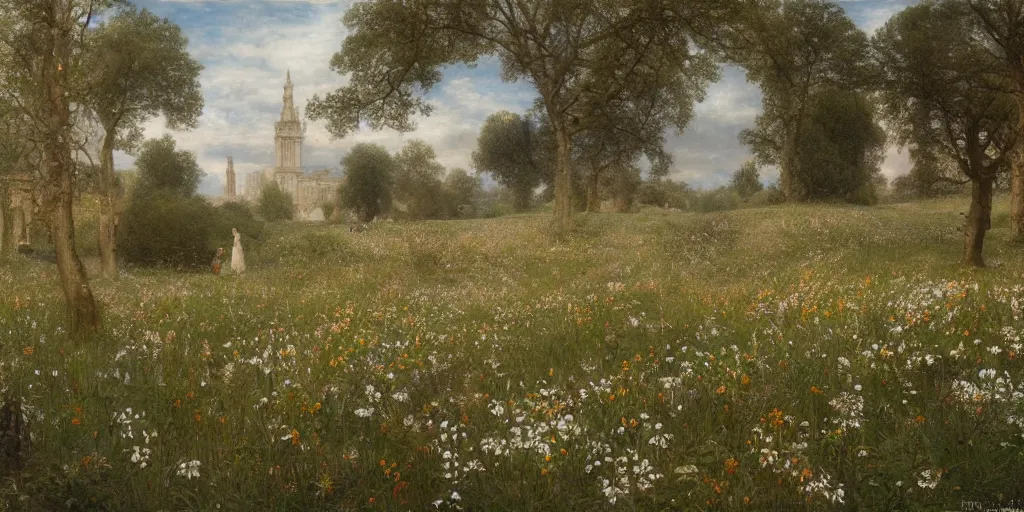 Prompt: a recursive cathedral made of marble within a wildflower meadow at dawn, in the style of alma tadema