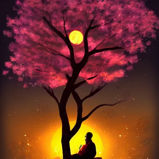 Image similar to Man sleeping under a sakura tree during a full moon by Anato Finnstark, digital art